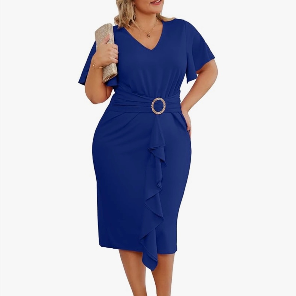 Hanna Nikole Dress Ruffle V Neck Knee Length 18W VGUC